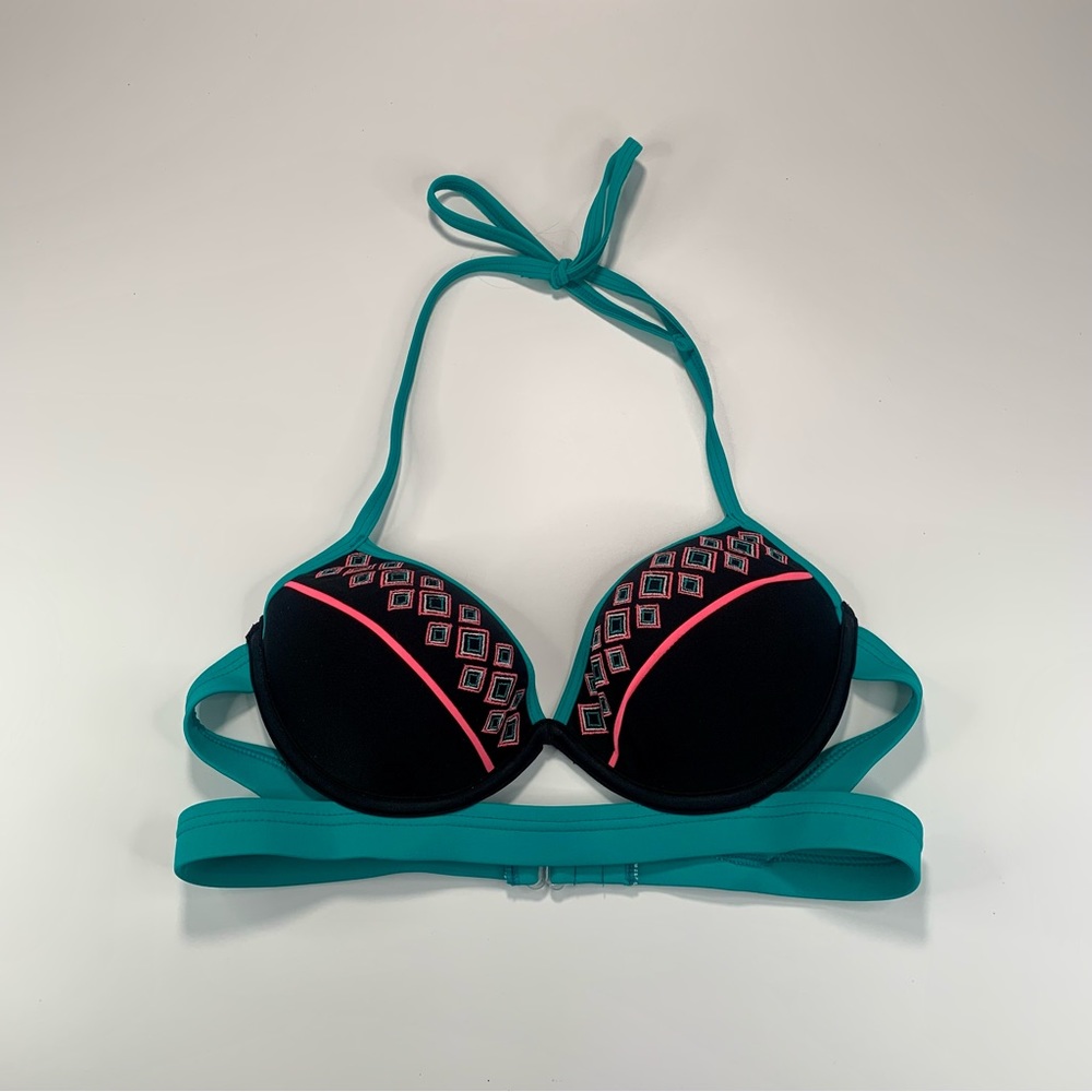 SO bikini top Padded black neon pattern swimsuit top black women size M